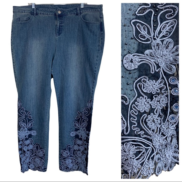 Soft Surroundings Denim - Soft Surroundings Beaded Embroidered Floral Lace Cropped High Rise Jeans 20W